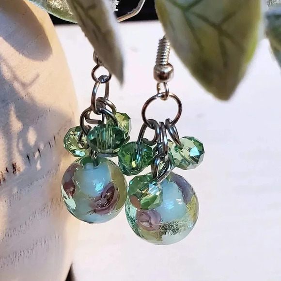 Handcrafted Green Murano Glass Flower Czech Crystal Beads Cluster Earrings - Picture 1 of 6